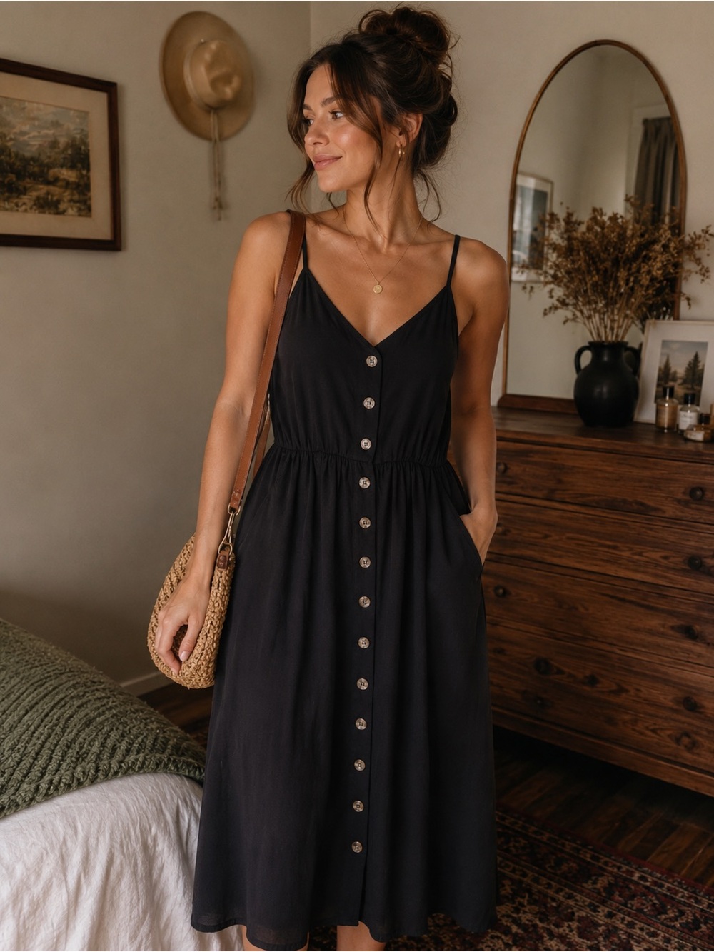 Ardene Black Button-Front Spaghetti Strap Midi Dress